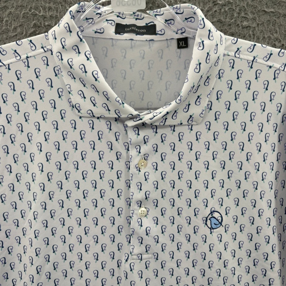 Turtleson Polo Shirt Men XL White Blue Bird Allover Print Tour Performance Golf